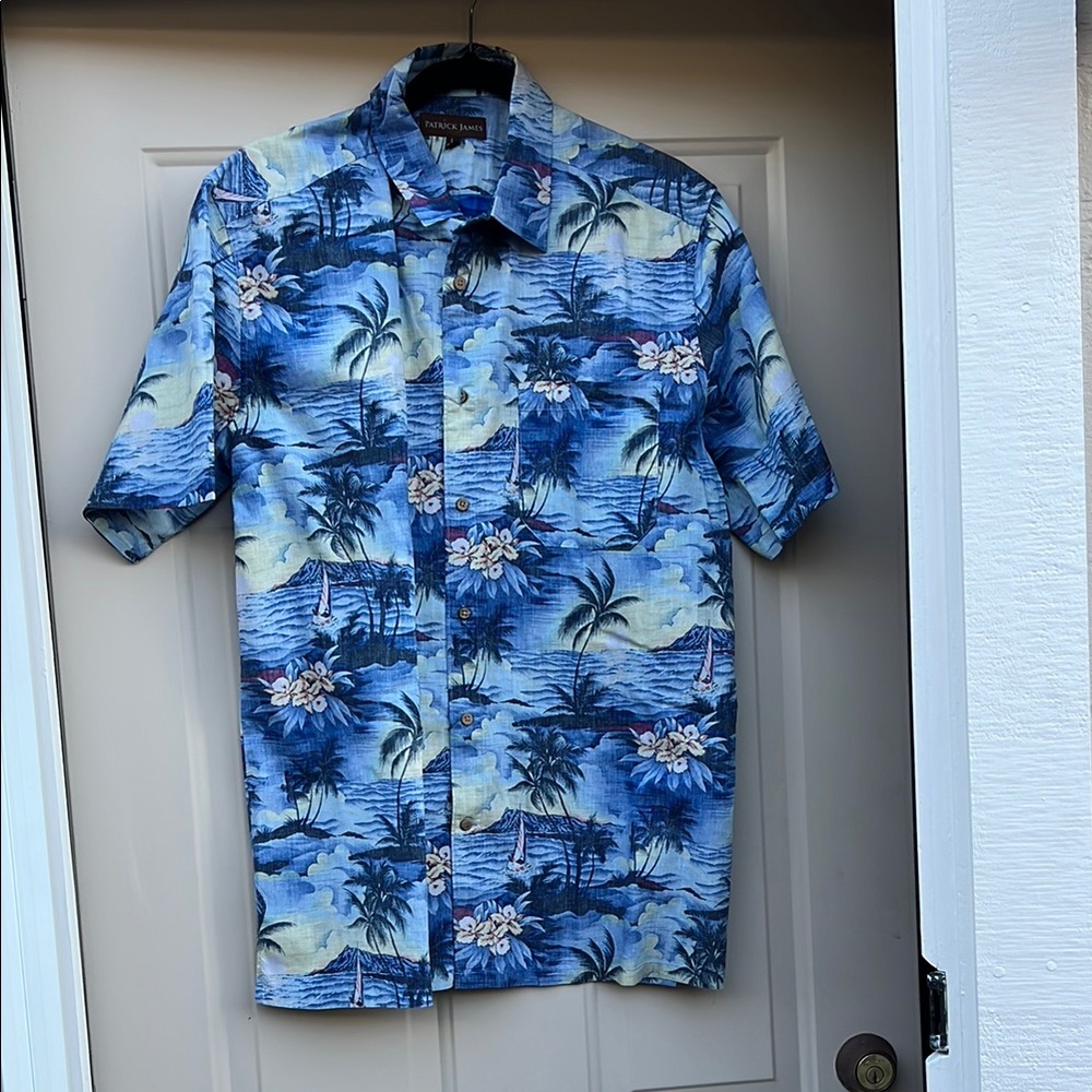 Patrick James Hawaiian Button Down Shirt Blue Ocean Sunset Print L